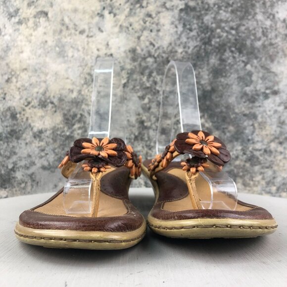 Born Women's Size 9 Brown Leather Flower Applique Open Toe Slip On Heeled Sandal - Picture 2 of 14
